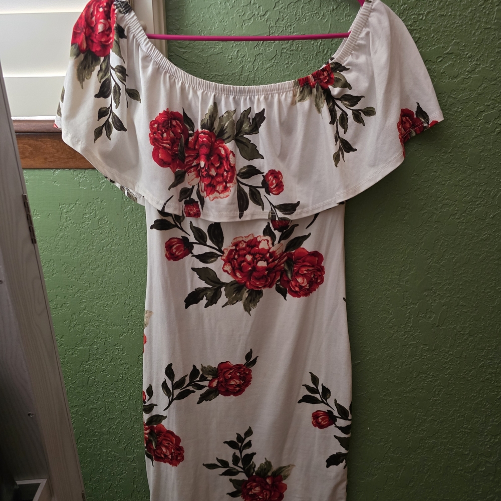 Floral Off-Shoulder Dress - Red and White